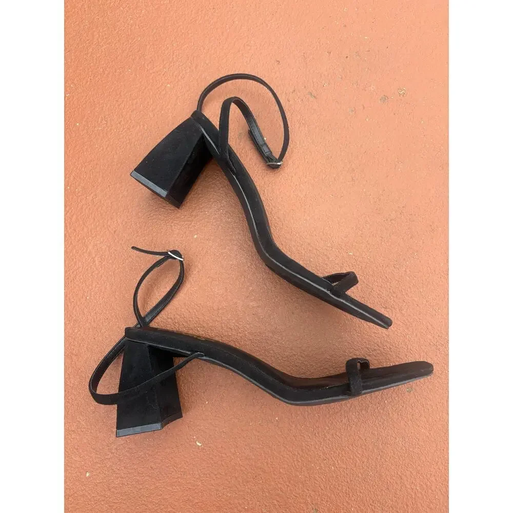 ✨2/$30✨ Lulus Sedna Black Suede Square Toe Heels Size 9 Ankle Strap Chunky Block